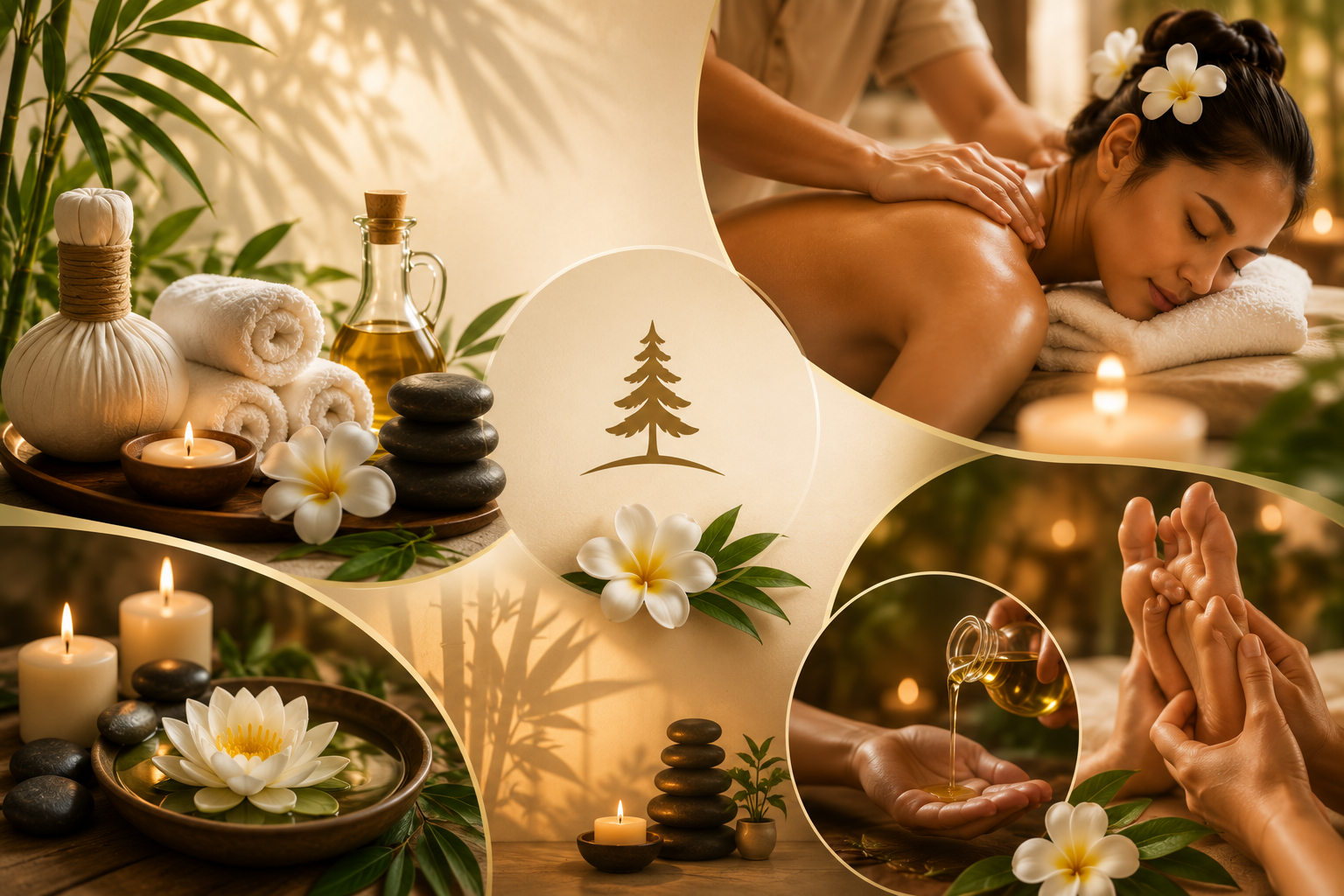 Collage of Thai spa rituals — herbal compress, warm oils, massage therapy, frangipani flowers and stacked zen stones