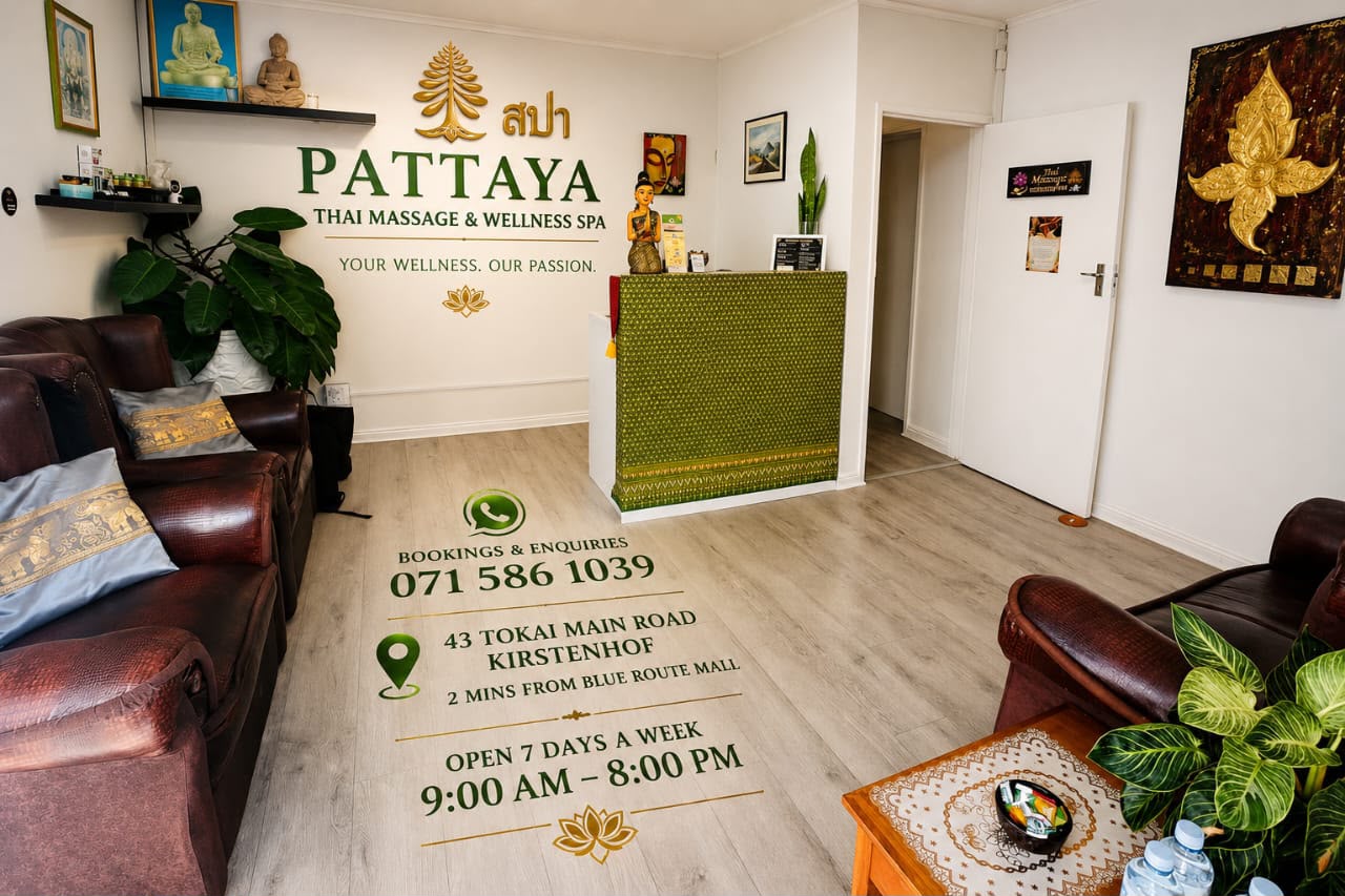 Wide view of Pattaya Thai Wellness Spa lobby and reception in Tokai, Cape Town