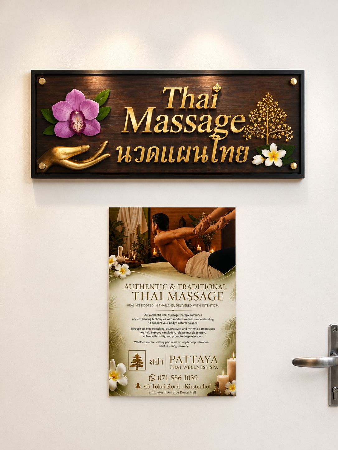 Carved Thai Massage wall plaque with orchid and gold lettering above the Pattaya authentic Thai massage poster