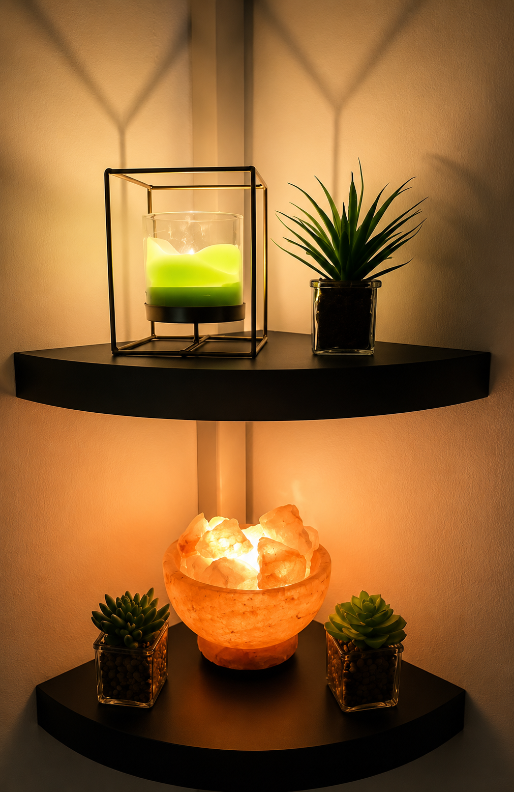 Corner shelf with a glowing Himalayan salt lamp, green candle and succulents in the treatment room