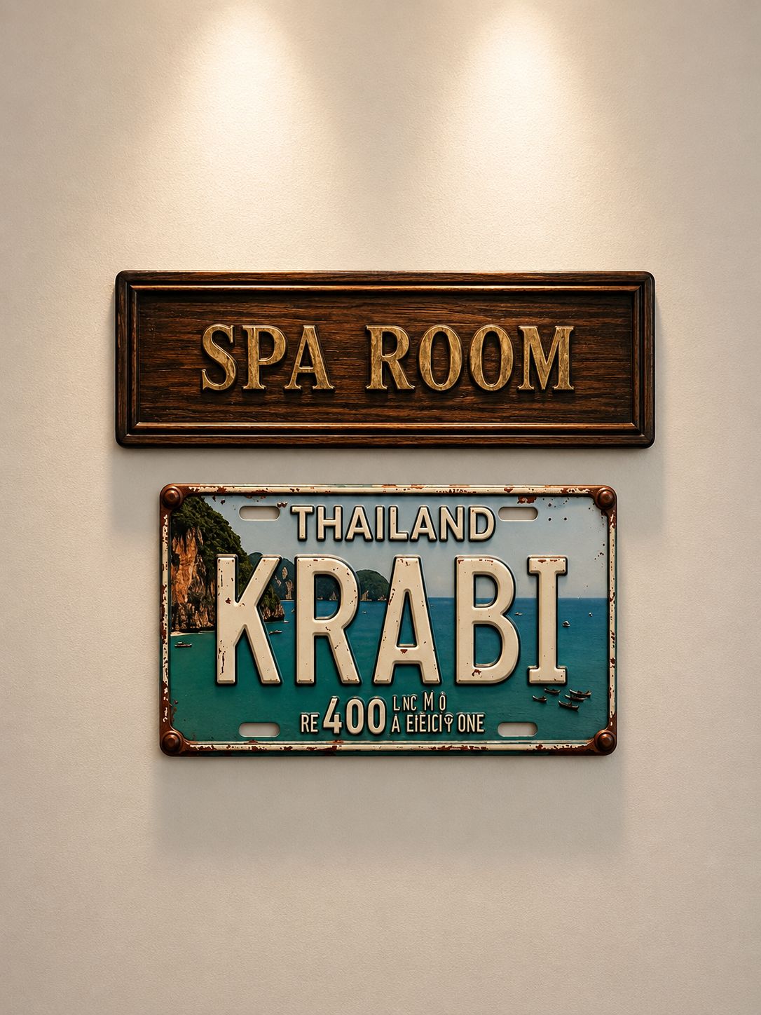 Wooden Spa Room sign above a vintage Krabi Thailand licence plate on a softly lit wall