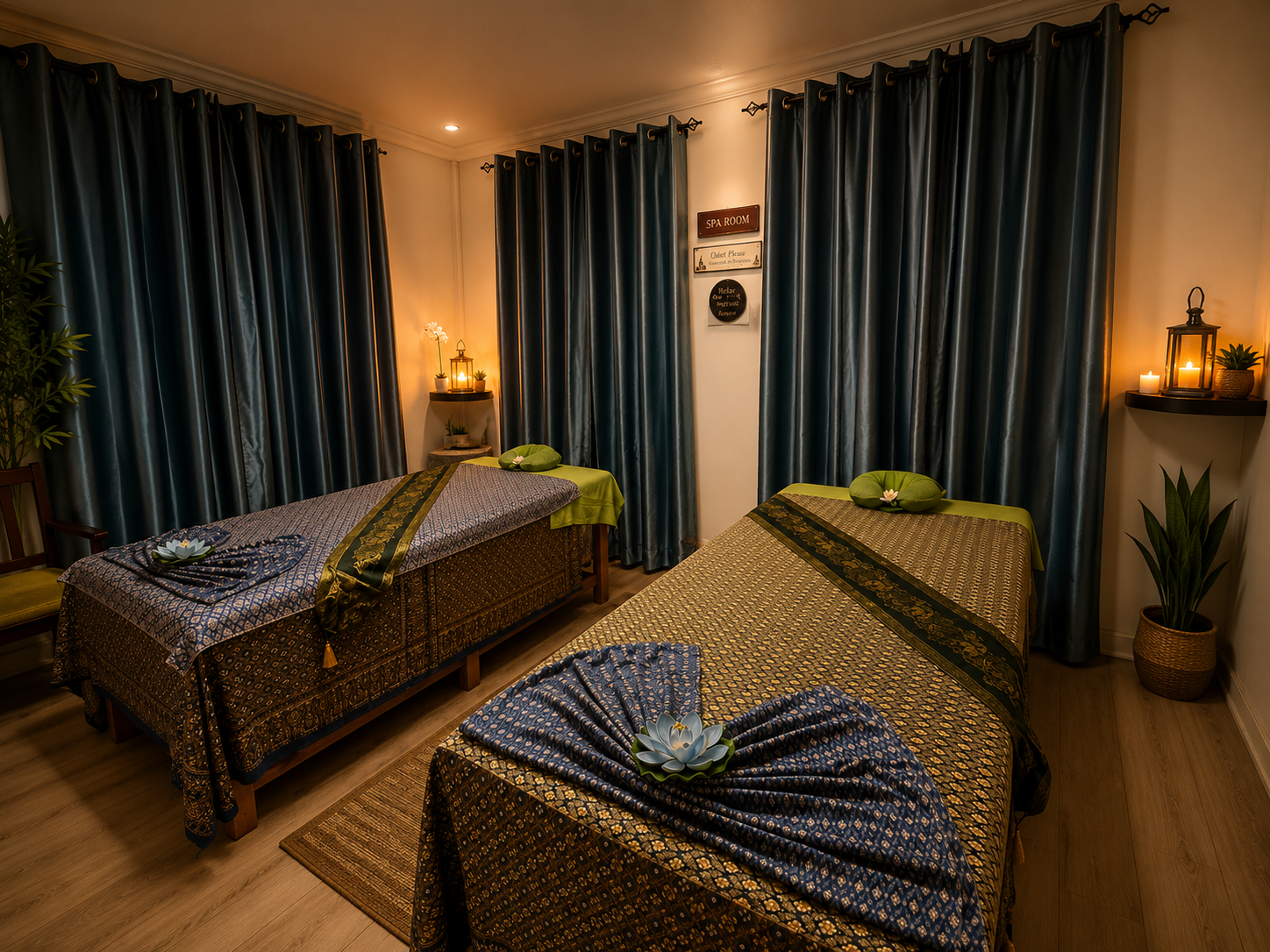 Candlelit couples spa room with two massage beds dressed in blue and gold Thai silk and lotus flowers