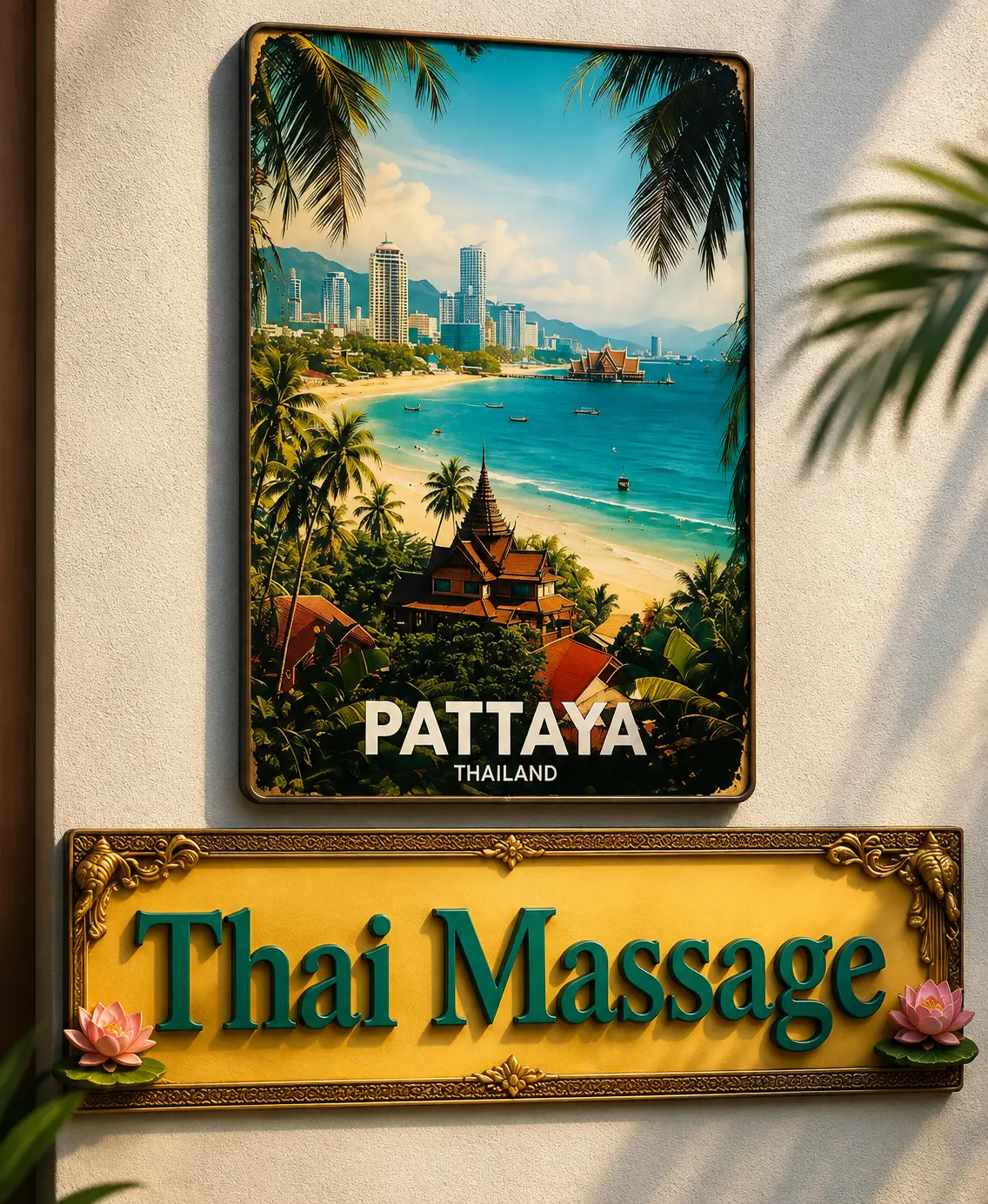 Pattaya Thailand travel plaque above a gold and green Thai Massage signboard with lotus accents