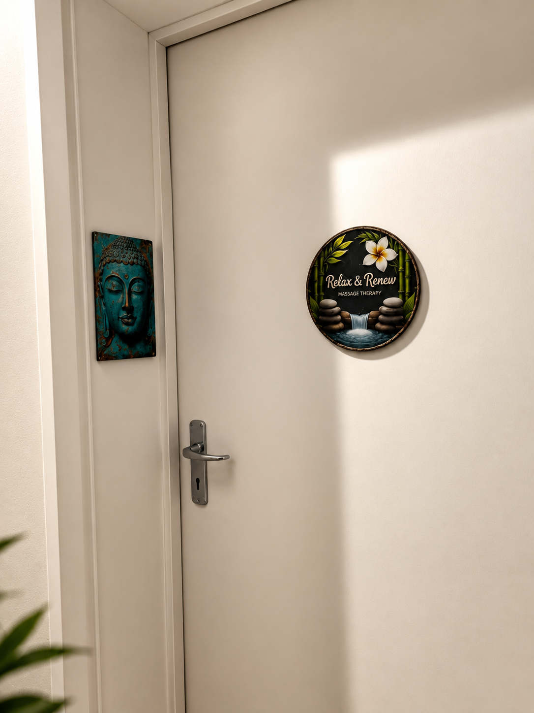 Relax and Renew massage therapy door plaque beside a teal Buddha wall panel in the treatment room hallway