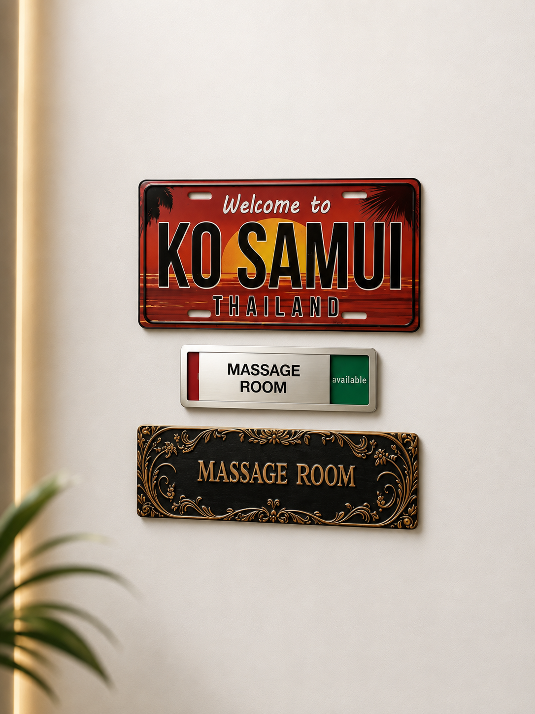 Welcome to Ko Samui Thailand decorative licence plate above a Massage Room availability sign and an ornate gold massage room plaque