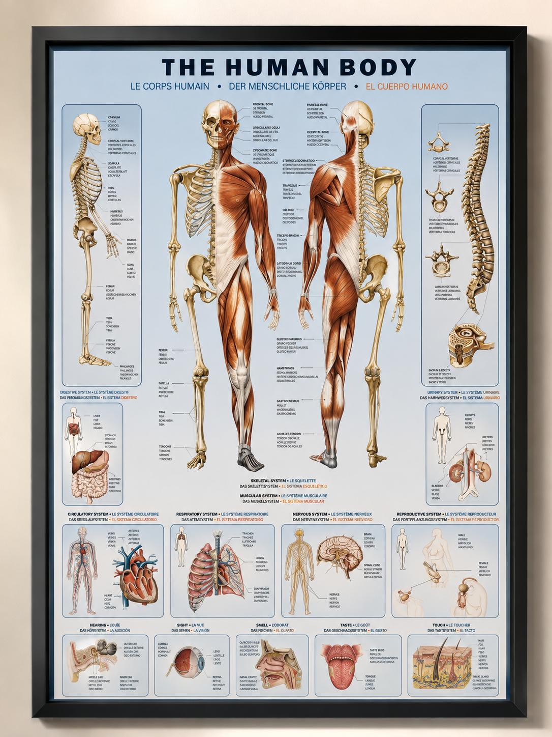 Framed anatomy poster of the human body used to explain muscle groups treated during massage