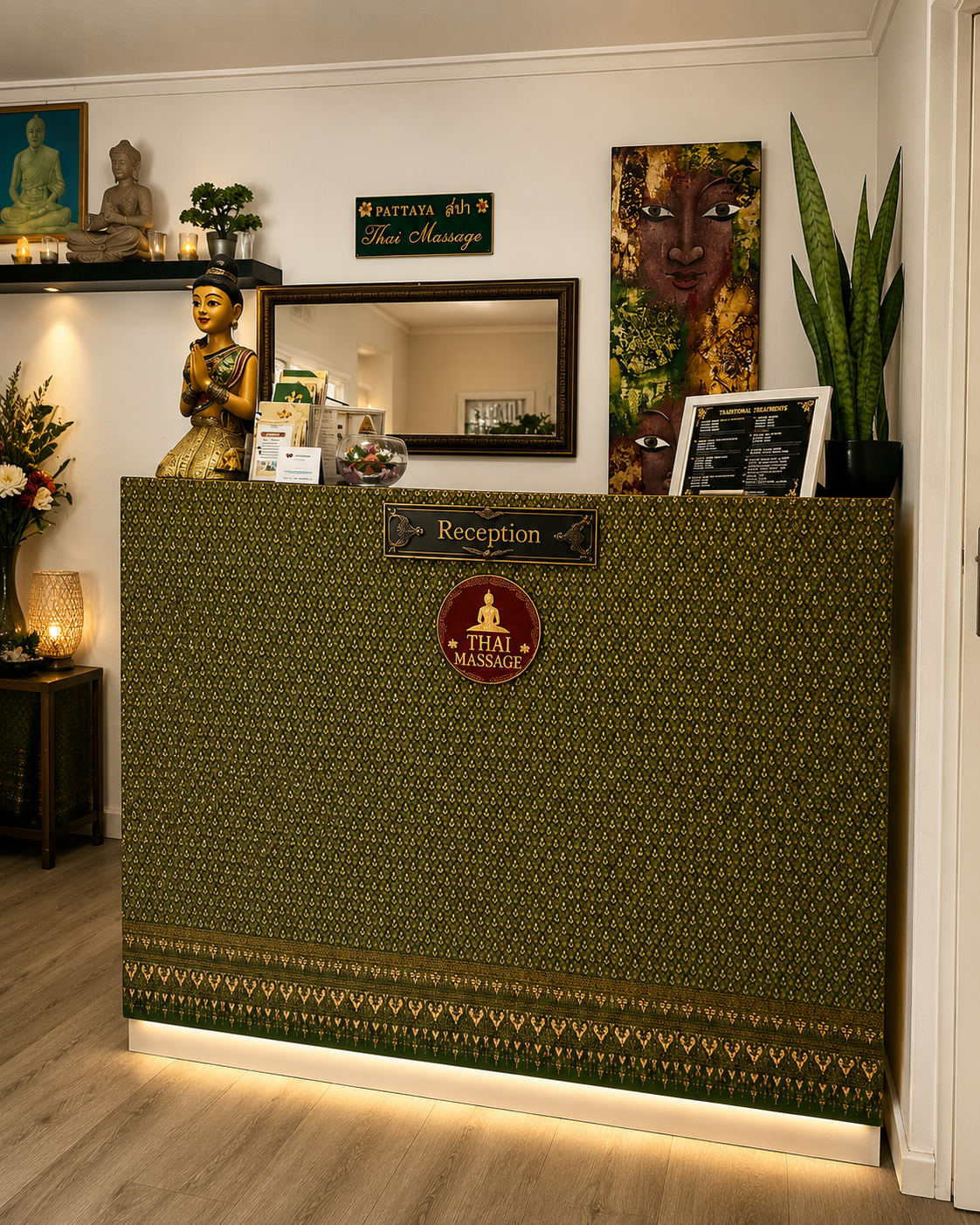 Pattaya Thai Massage reception desk in green and gold Thai silk with Buddha emblem, statue and candlelight