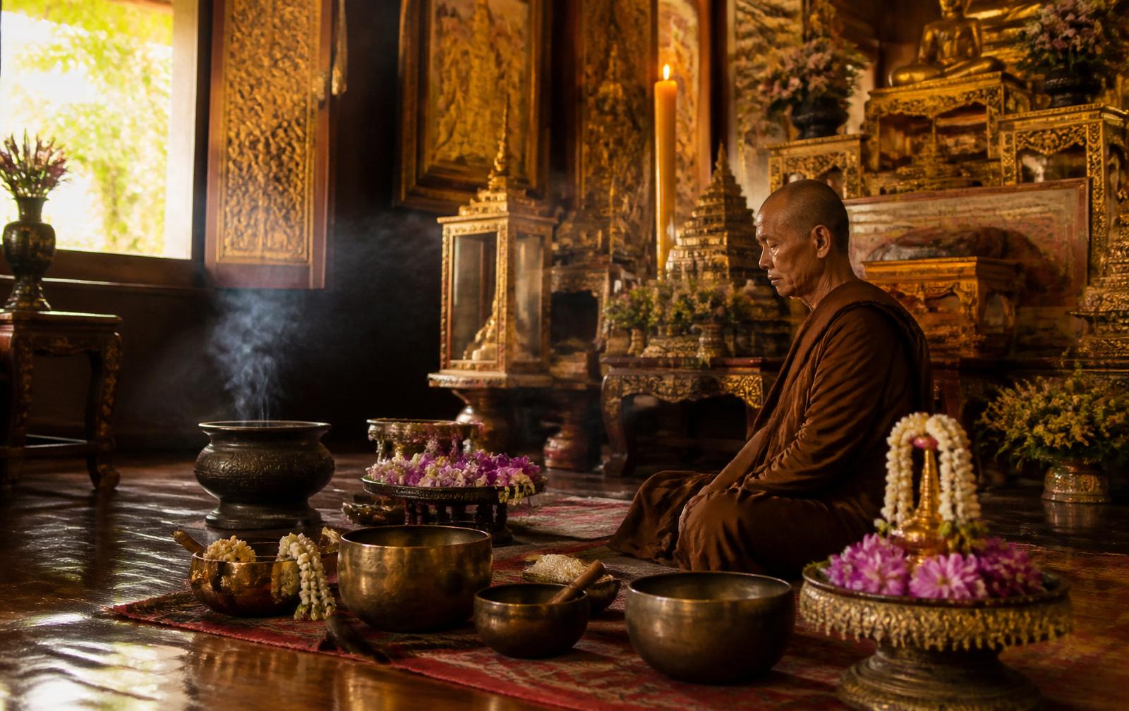 Bright luxurious Thai spa treatment room with bamboo, white candles and orchids